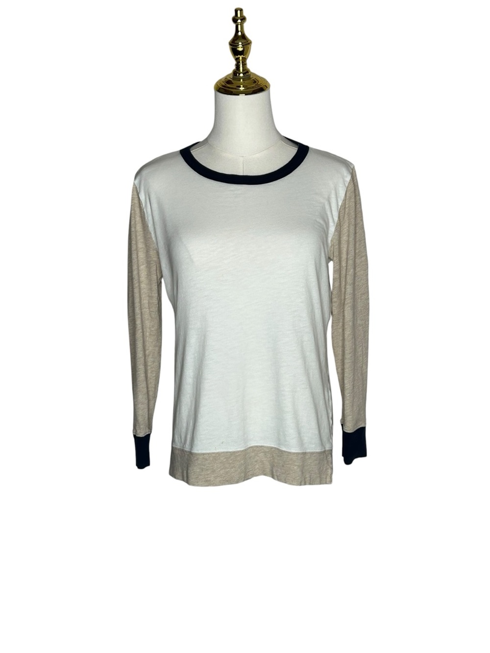 J. Crew Artist T White Preppy Long-Sleeve Top Tan Sleeves Navy Trim Sz M Layered